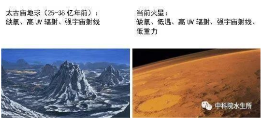 圖2 當(dāng)前火星與早期地球環(huán)境比較(圖片來源于網(wǎng)絡(luò))